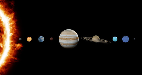 Planet solar system. 3D render, 3D graphics. Sun, Mercury, Venus, Earth, Mars, Jupiter, Saturn, Uranus, Neptune, Pluto