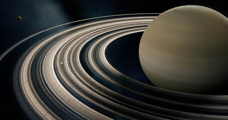 Saturn 3D and its rings, moons of Saturn, Solar System, Solar System Planets, Stars, 3D Rendering, Sky and Space, Planets - obrazy, fototapety, plakaty