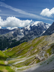 Mountain landscape along the road to Stelvio pass at summer