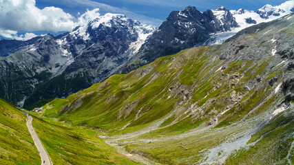 Mountain landscape along the road to Stelvio pass at summer