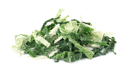 Pile of shredded savoy cabbage on white background