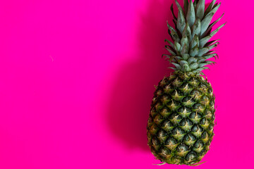 Pineapple with fuchsia pink background and copy space