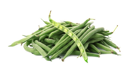 Delicious fresh green beans on white background