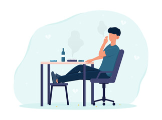 Male character sitting at the table with bottle on and smoking cigarette. Concept of people with heavy cigarette or alcohol addiction. Flat cartoon vector illustration