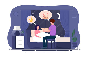 Adult male character reading book about princess and castle to his young daughter. Concept of cute girl room with big window. Dad helps daughter to fall asleep. Flat cartoon vector illustration