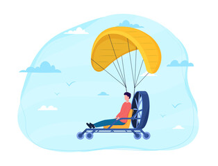 Male character is skydiving with paramotor. Concept of parachuting sport and leisure activity. Extreme lifestyle. Flat cartoon vector illustration
