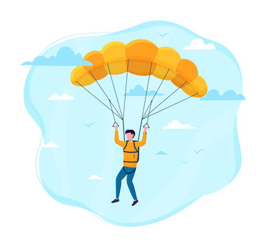 Male skydiver flying with a parachute. Concept of parachuting sport and leisure activity. Extreme lifestyle. Flat cartoon vector illustration