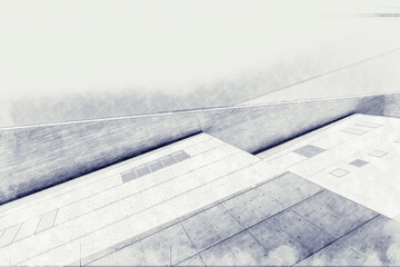 Black and white Sketch of architectural detail of modern building. Watercolor splash with hand drawn sketch illustration