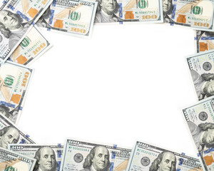 Hundred dollar bills over white background with copy space