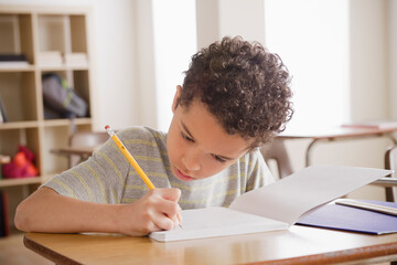 Schoolboy writing in notebook