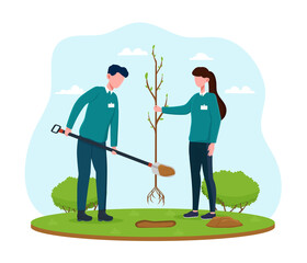 Male and female volunteers planting green trees. Two volunteers planting tree in city park. Concept of young people working together to improve the environment. Flat cartoon vector illustration