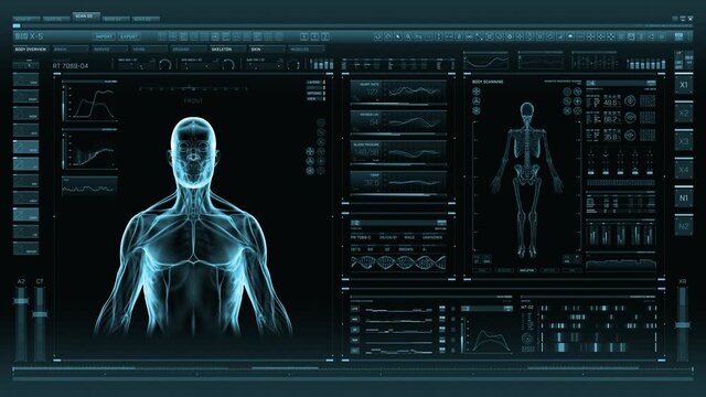 Blue futuristic Interface showing analysis of human male anatomy scan with rotating skeleton and body heat transfer. Near future of medicine and healthcare.