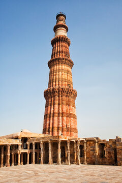 India, Delhi, Qutub Minar, low angle view of minaret