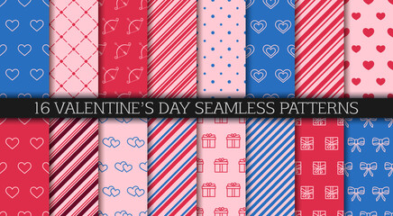 Valentine's day seamless pattern collection. Wrapping paper design templates. Festive wrapping paper. Set of patterns with hearts, envelopes, gift boxes, polka dot and abstract ornament.