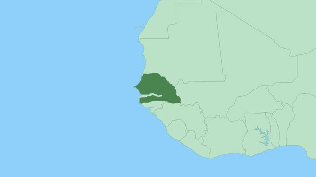 Map of Senegal with pin of country capital. Senegal Map with neighboring countries in green color.
