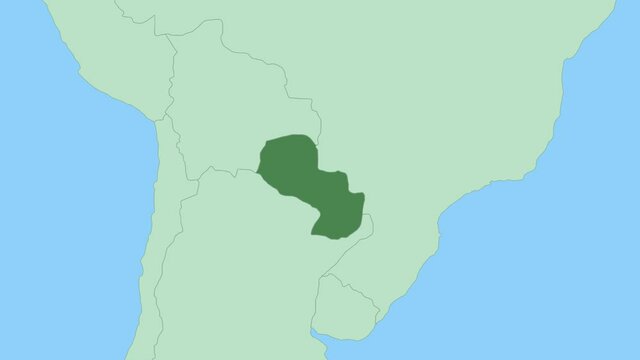 Map of Paraguay with pin of country capital. Paraguay Map with neighboring countries in green color.
