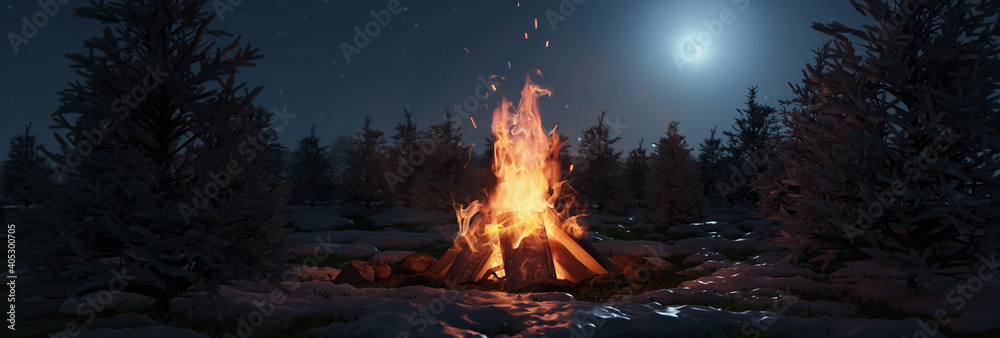 Wall mural 3d rendering of big bonfire with sparks and particles in front of snowy pine trees and moonlight