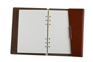 Binder notebook with brown leather cover. Open notebook, isolated on white