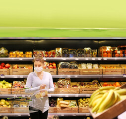 Supermarket shopping, face mask and gloves,woman buying vegetables at the market.