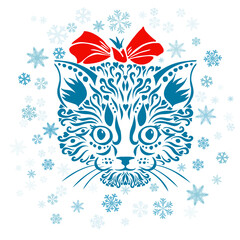 Graphic stylized kitten face. Kitty with a bow. Vector illustration