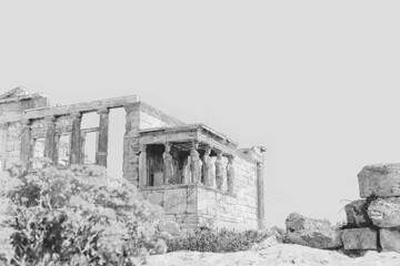 Black and white Ancient Sites ruins of ancient temple on Acropolis hill, Greece. Watercolor splash with hand drawn sketch 