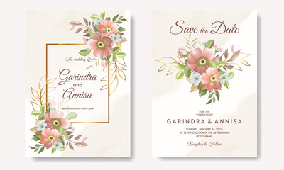  Elegant wedding invitation card with beautiful floral and leaves Premium Vector