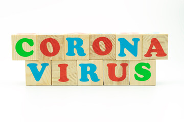 word coronavirus made of colored cubes on white background