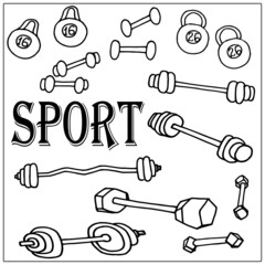 sports, tools for doing sports, dumbbells, barbells, kettlebells, strength training, swing the body, vector illustration, vector, illustrator, postcard printing, print on a phone case, on packaging, p