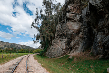 Old Railway with rocky mountains and stone walls on a sunny day in Suesca, Cundinamarca - Colombia