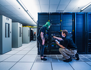 Co-workers in data center server room