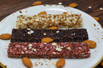 delicious and healthy cereal bar, hearty snack and sports nutrition