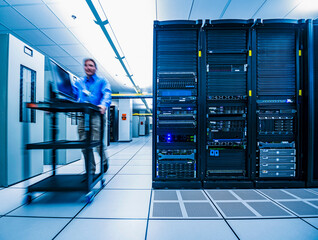 Employee pushing equipment cart in data center