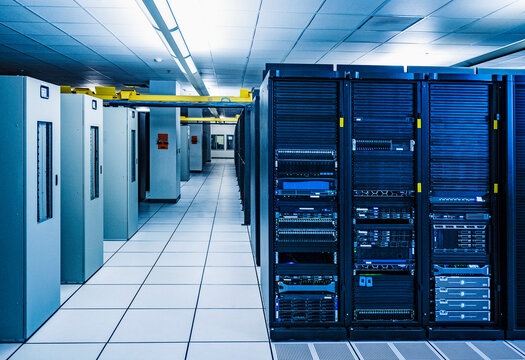 Rows of server racks in data center