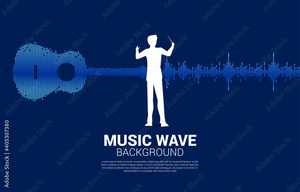 Poster vector silhouette of conductor with sound wave microphone icon equalizer background.concept of podca