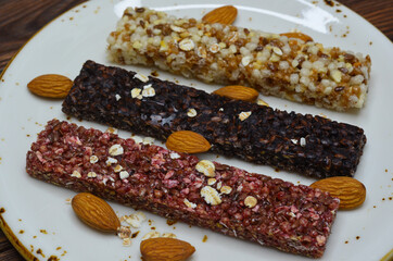 delicious and healthy cereal bar, hearty snack and sports nutrition