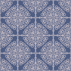 Dark abstract arabic lace floral seamless pattern in blue and pink colors, east style. Elegant macrame ethnic texture for textile, wallpapers, wrapping paper, surface design
