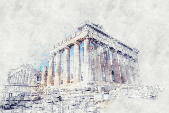 Ancient Sites ruins of temple on Acropolis hill, Athens, Greece. Watercolor splash with hand drawn sketch illustration on crumpled paper