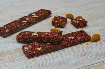delicious and healthy cereal bar, hearty snack and sports nutrition