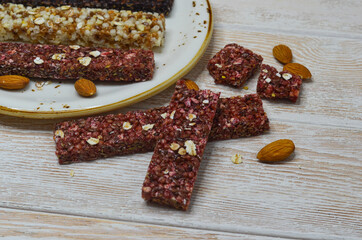 delicious and healthy cereal bar, hearty snack and sports nutrition