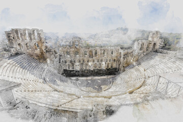 Ancient Sites ruins of ruins of ancient theater of Herodion Atticus in Athens, Greece. Watercolor splash with hand drawn sketch illustration