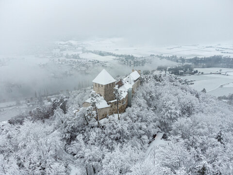 Switzerland, Canton of Schaffhausen, Stein am Rhein, Aerial view of Hohenklingen Castle in winter