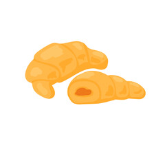 Croissant with chocolate. Whole and cutaway. Fresh delicious pastries. Vector illustration on a white background in cartoon style.