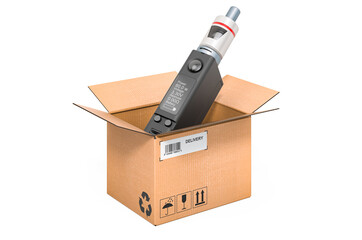 Electronic cigarette inside cardboard box, delivery concept. 3D rendering