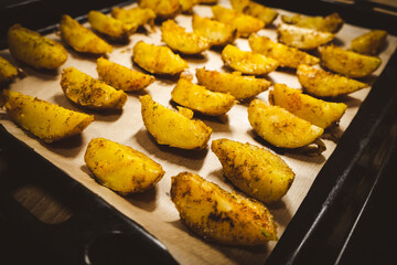 Baked potatoes in the oven close-up