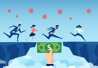 Vector of a helping hand with dollar bill bridging economy gap during coronavirus pandemic, assisting businesspeople to overcome financial difficulties