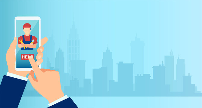 Vector Of A Businessman Using Mobile App To Request Professional Home Repair Services On A Cityscape Background
