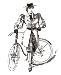 Obraz premium Elegant woman in antique cycling costume, wearing hat and gloves, standing in front of her bicycle. Illustration after sketch from 19th century