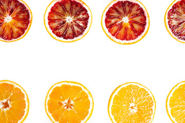 red and yellow sicilian oranges cutaway top view isolate on white