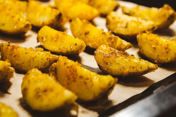 Baked potatoes in the oven close-up