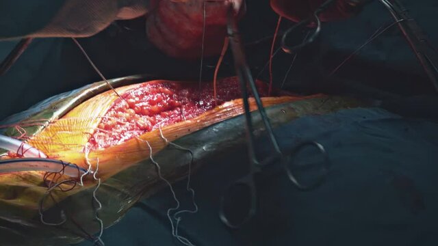 Surgeons suturing on sick patient after an operation performing a serious surgery.